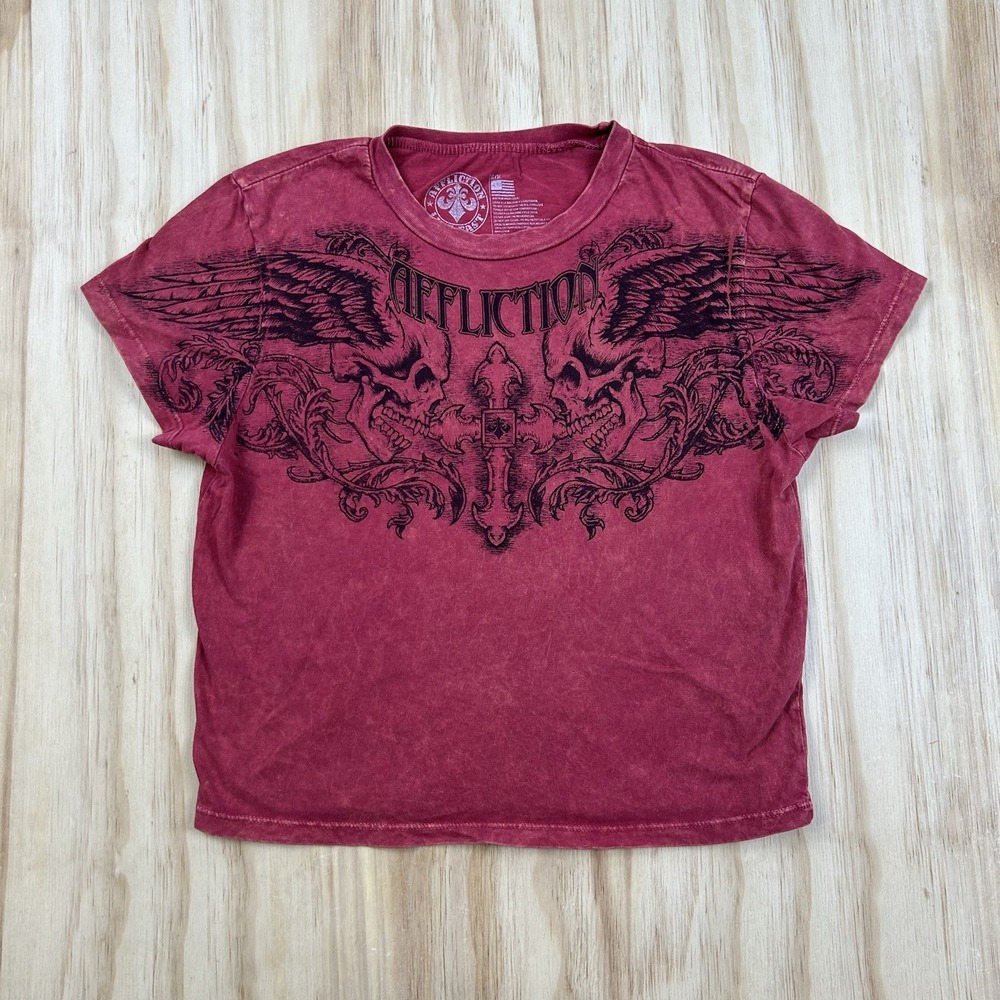 Affliction Womens M Red Crop Skull Wings Graphic Short Sleeve T-Shirt Y2K